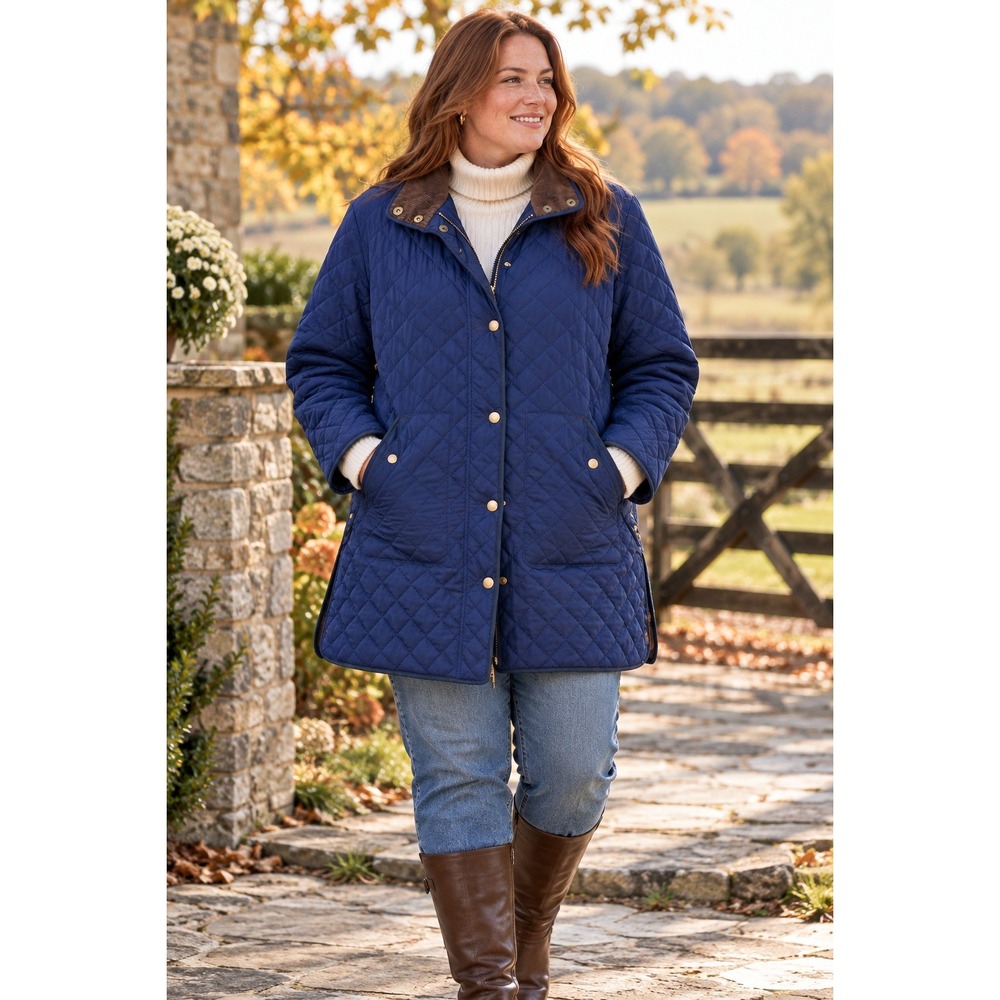 Lands End Womens XL Blue Diamond Quilted Barn Jacket Corduroy Collar Coat